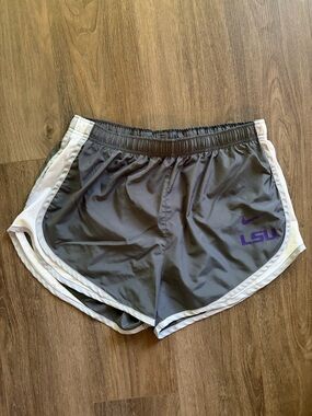 Nike Women's Gray LSU Athletic Running Shorts with Purple Logo